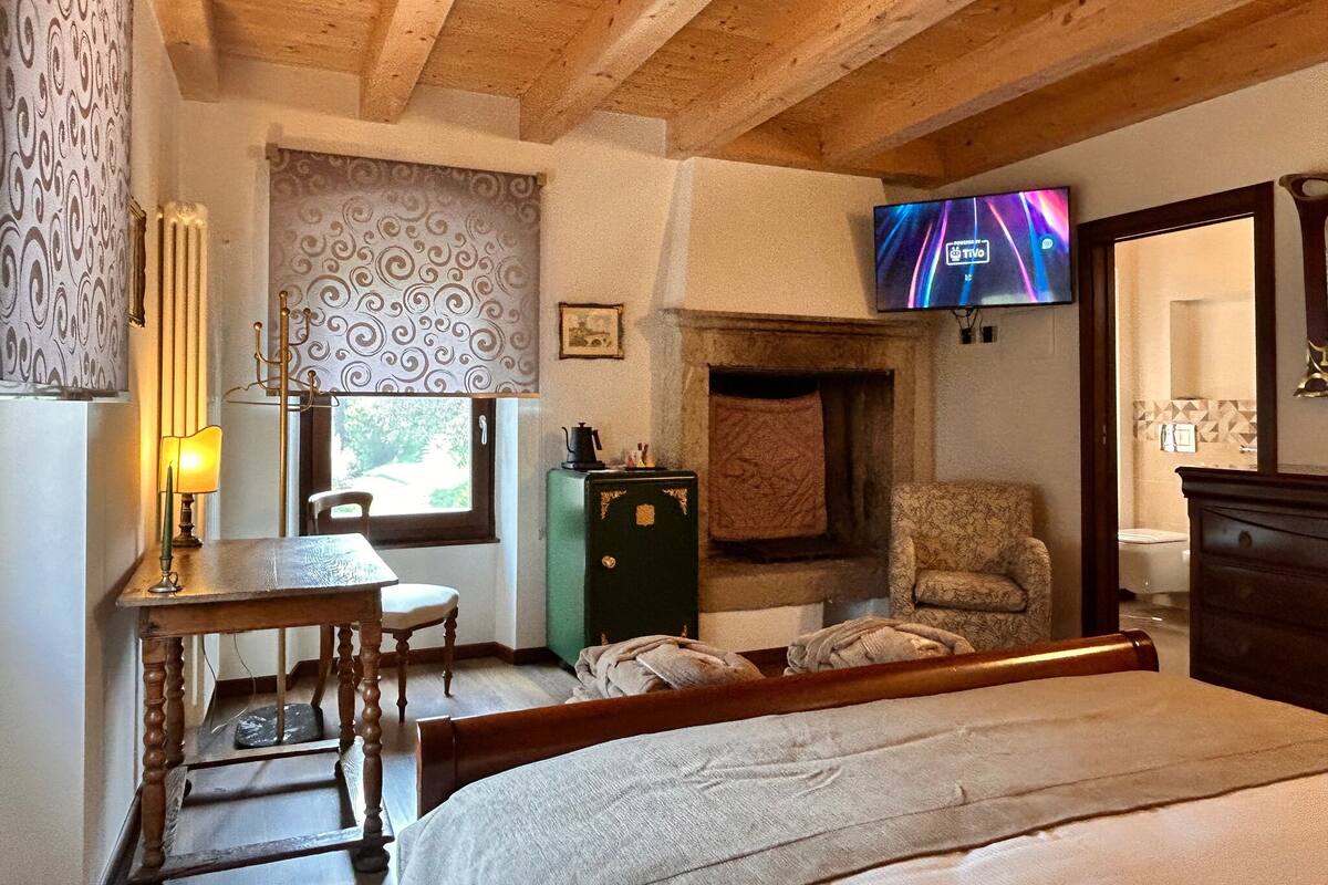 A bedroom with a bed, a desk, a chair, a television, and a fireplace.