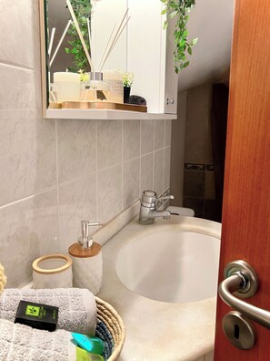 Douche, séchoir à cheveux, serviettes fournies, savon