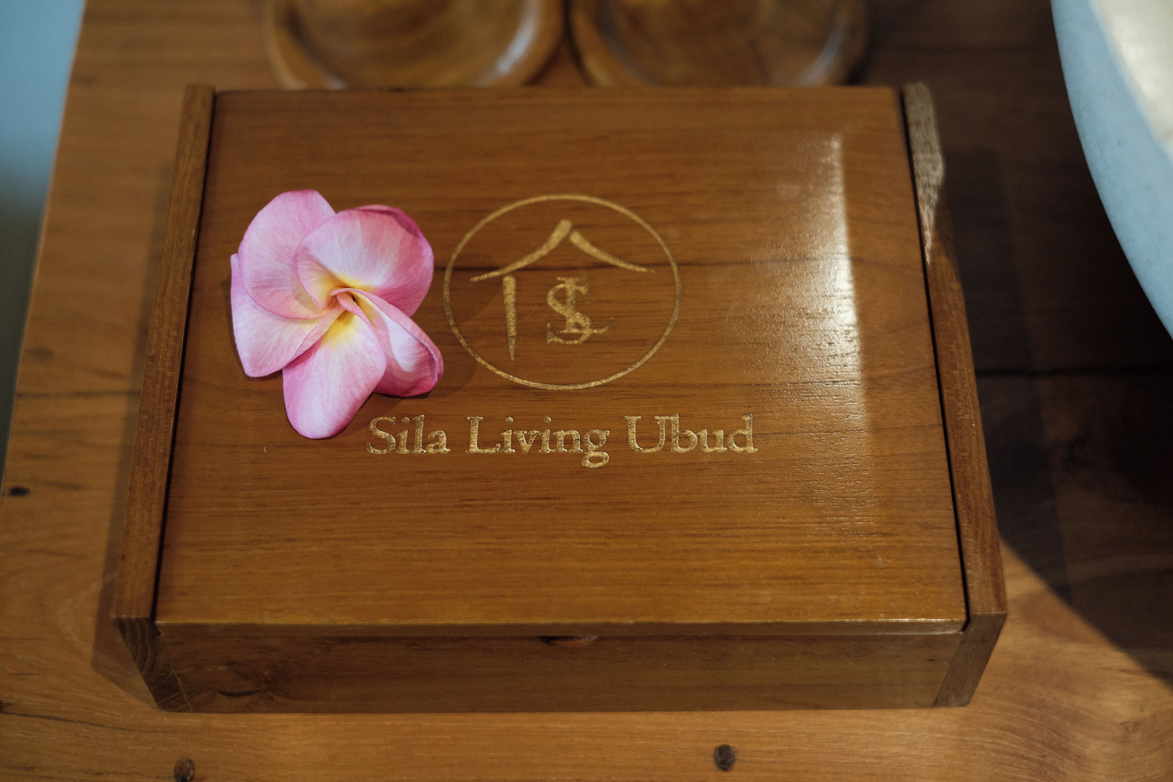 Eine Holzkiste mit geprägtem Logo und Text, einer rosa Blume und einer Holzoberfläche.