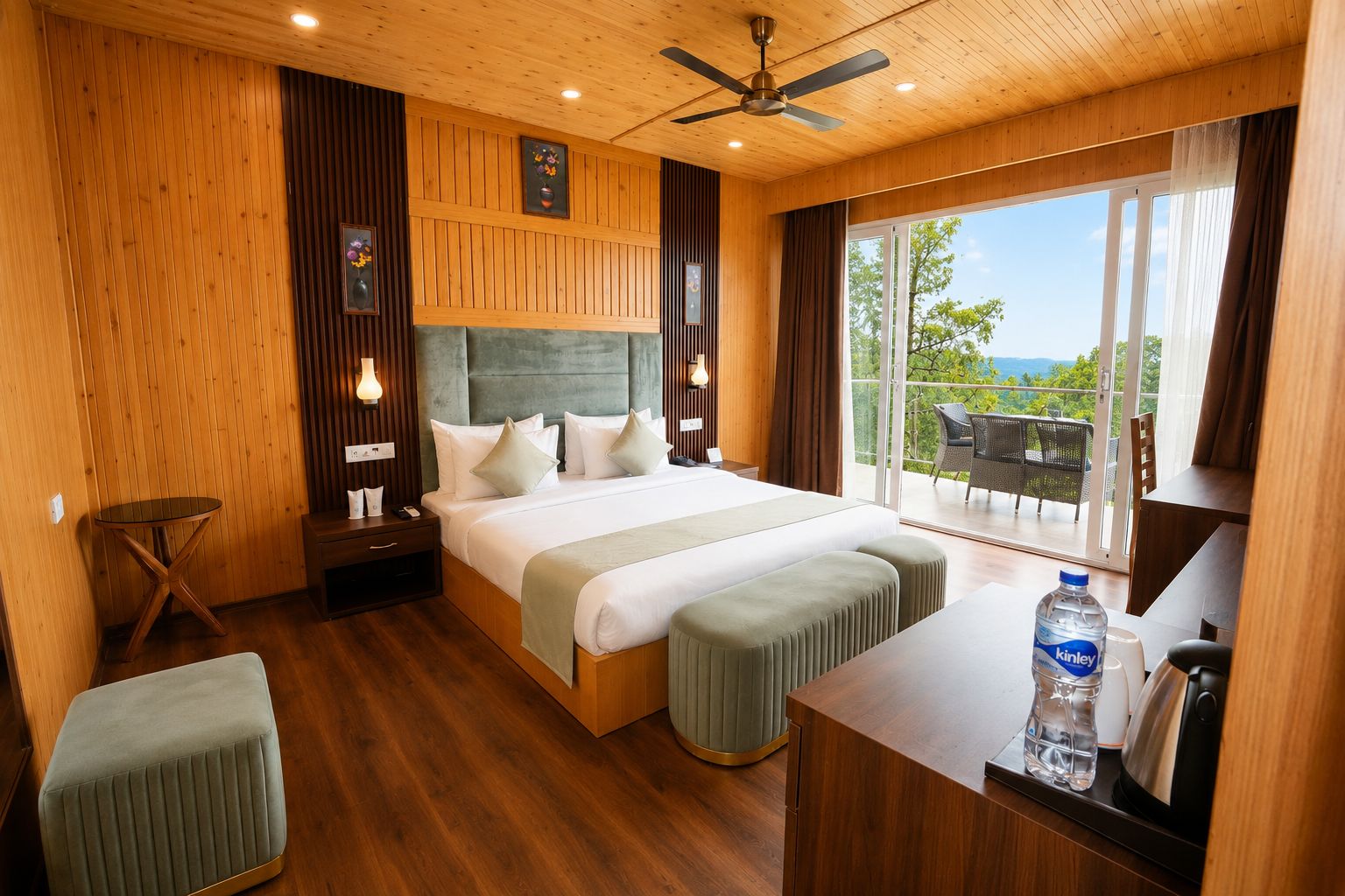 A hotel room with a bed, bedside tables, a seating area, and a view of the outdoors.