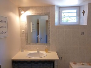 Hair dryer, towels, soap, toilet paper