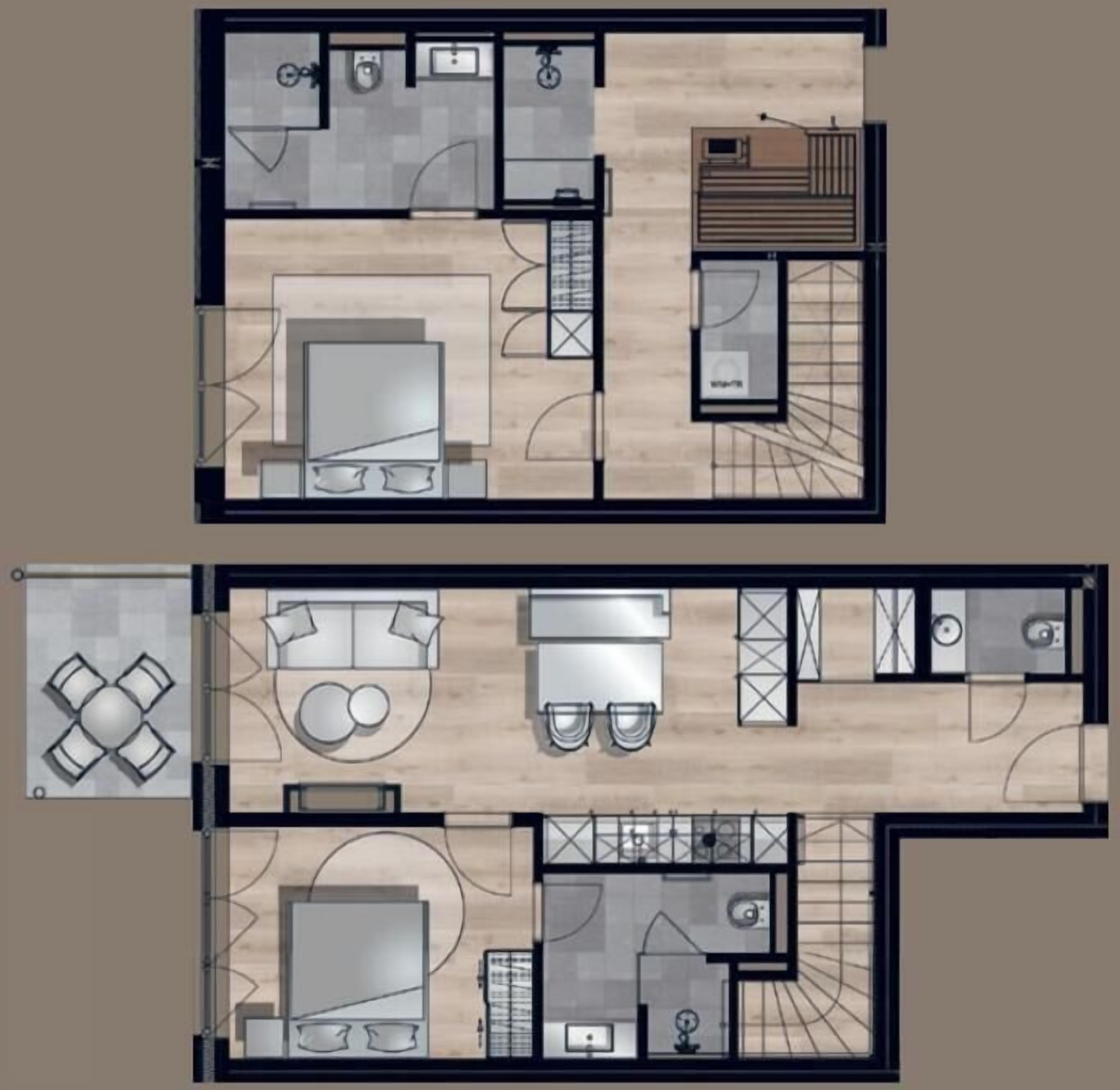 A two-story apartment layout with a living room, kitchen, dining area, two bedrooms, a bathroom, and a balcony.