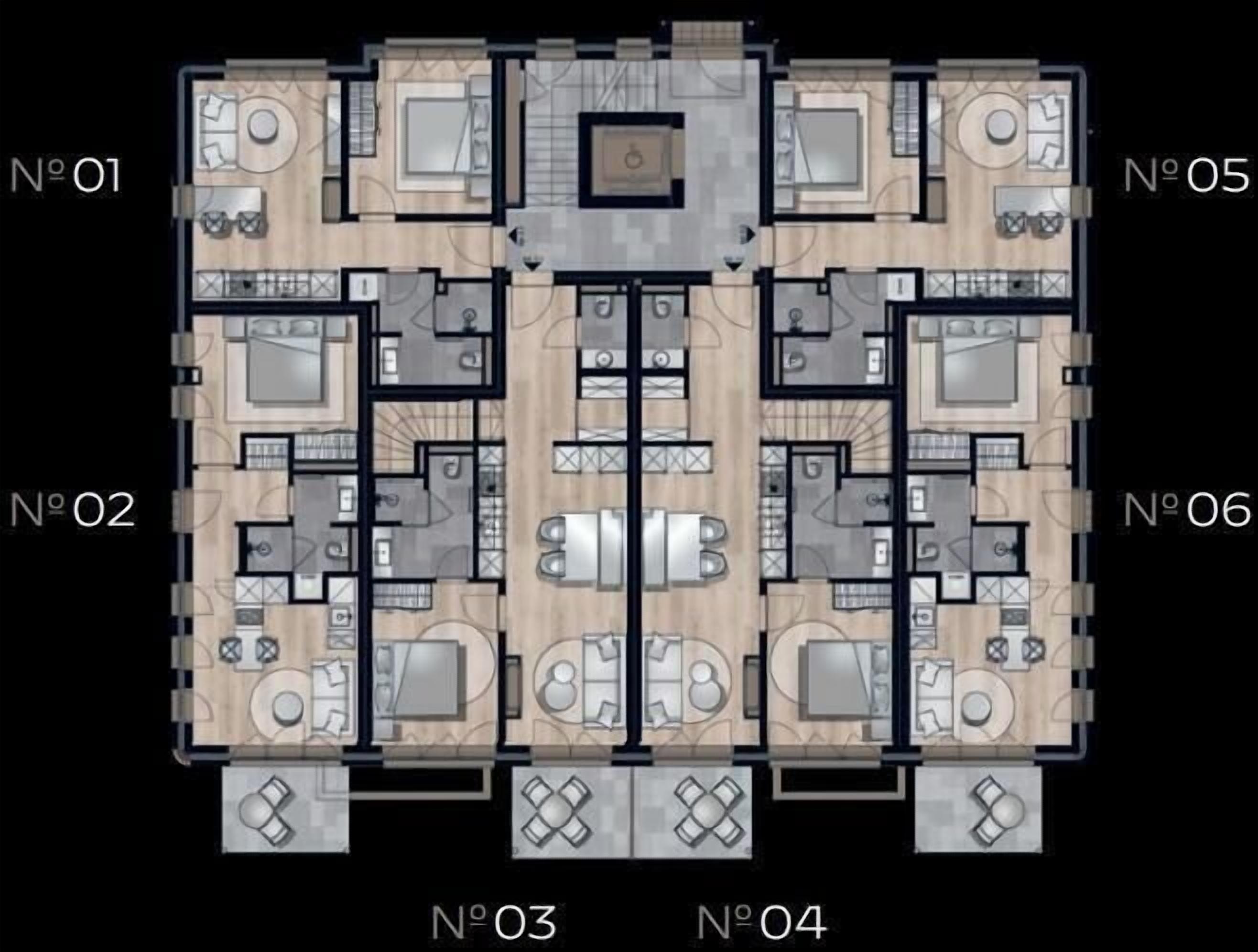 Een plattegrond van een hotel met zes genummerde kamers, een centrale lobby en een eetruimte.