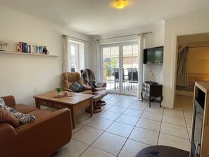 Télévision, cheminée, chaîne hi-fi