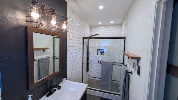 Shower, hair dryer, shampoo