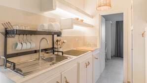 Une cuisine moderne dotée d’un évier en acier inoxydable, d’un égouttoir et d’un luminaire suspendu.