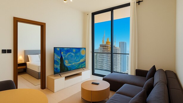 Ein modernes Hotelzimmer mit großem Fenster, einem Bett, einem Fernseher, einer Couch und einem kleinen Tisch.