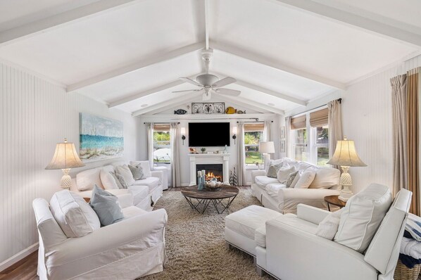 TV, fireplace, books, offices