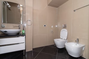 Douche, séchoir à cheveux, bidet, serviettes fournies