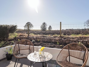 Eine Terrasse mit zwei Korbstühlen, einem Glastisch und einem Blumentopf.