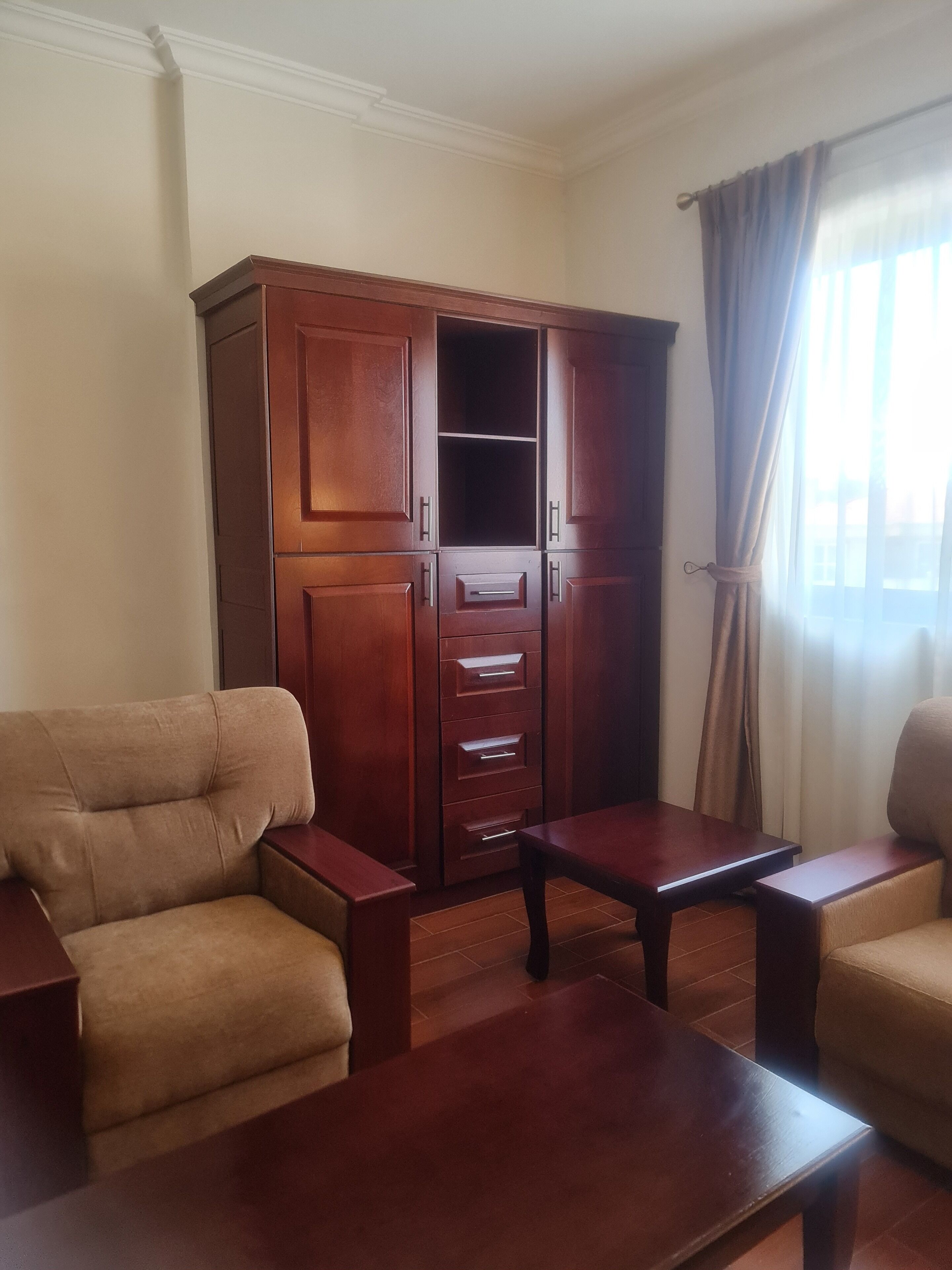 Uma sala de estar com um grande armário de madeira, dois sofás bege e uma mesa de centro de madeira.