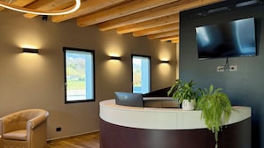 A reception area with a curved desk, a flat-screen TV, and a potted plant. - Ida Boutique Hotel (Maser)