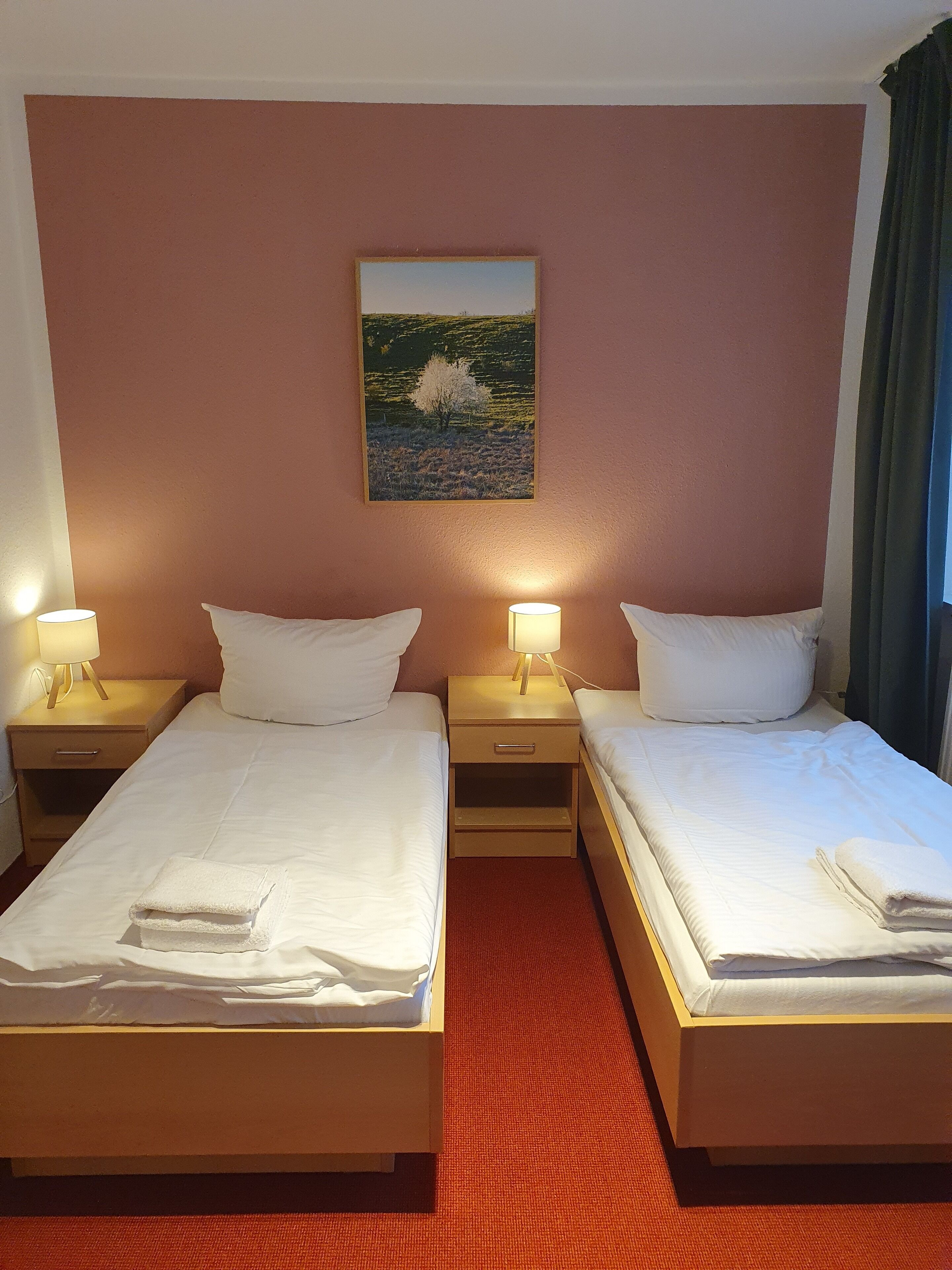 Habitación de hotel con dos camas, cada una con sábanas y almohadas blancas, una mesita de noche con lámpara, y un cuadro de un paisaje en la pared.