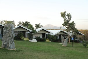 Fileira de casas de campo com telhados brancos e uma montanha ao fundo.