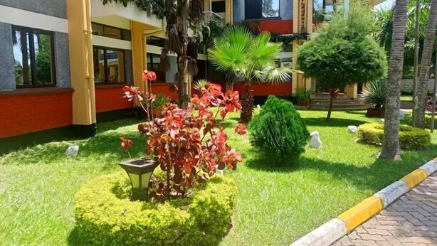 A hotel with a well-maintained garden featuring various plants and a small decorative tree. - Millsview hotel (Kisumu)