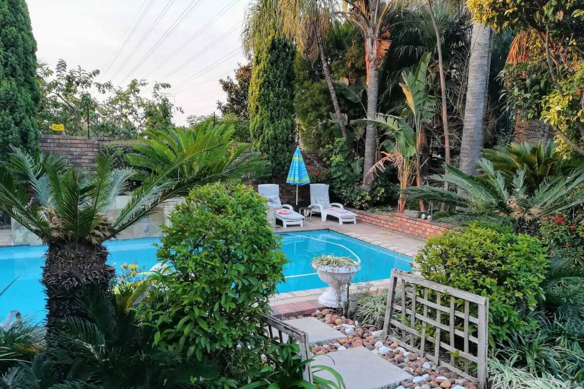 A backyard with a swimming pool, surrounded by lush greenery and palm trees.