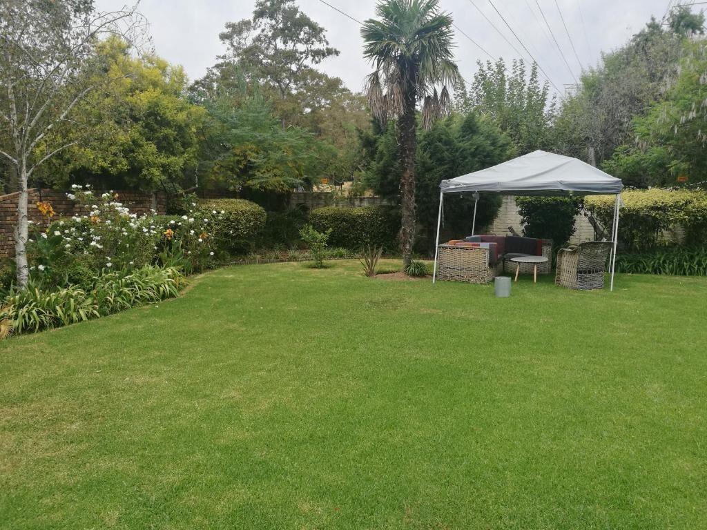 A grassy backyard with a white tent and a table, surrounded by various plants and trees.