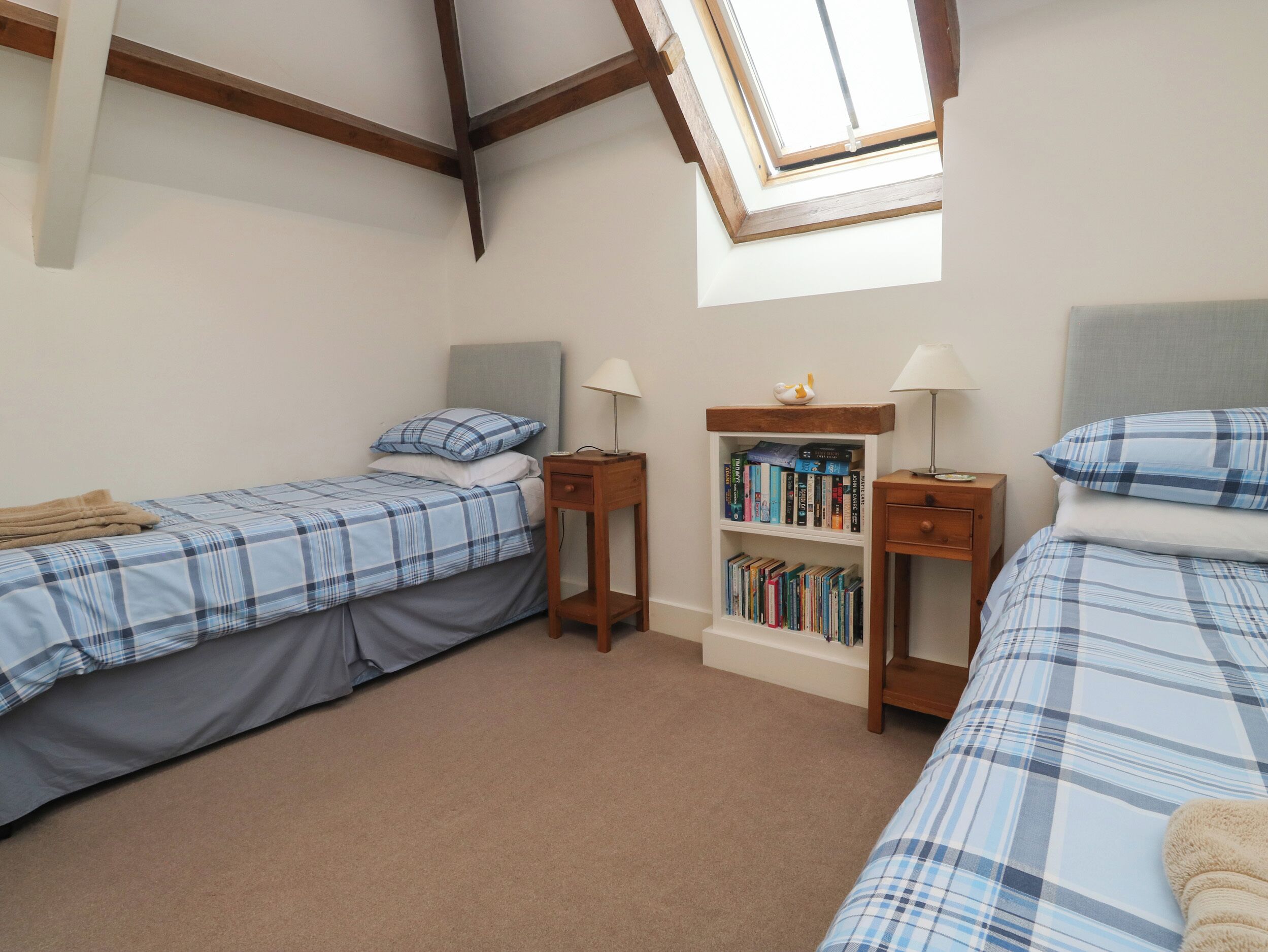 A bedroom with two beds, a bookshelf, and a skylight.