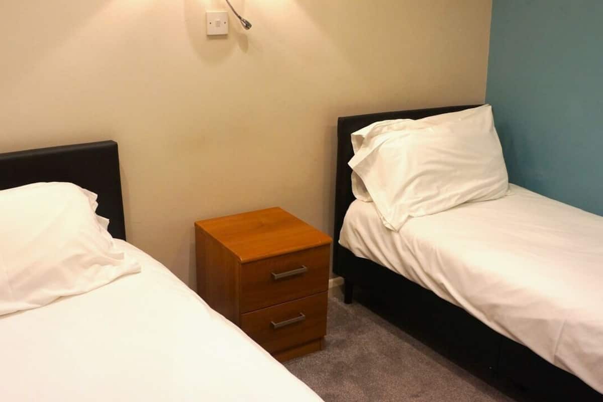 Une chambre double avec deux lits simples, une table de chevet en bois et une prise électrique au mur.