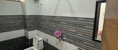 Shower, bidet, soap, toilet paper