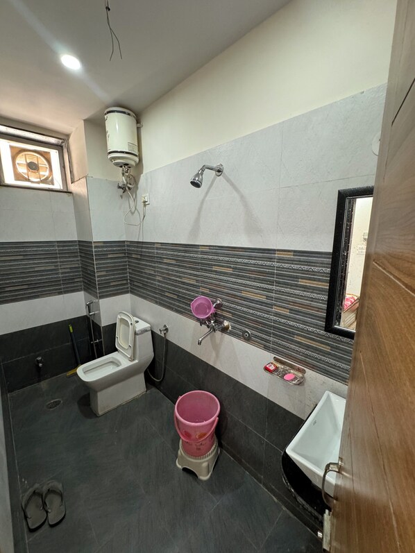 Shower, bidet, soap, toilet paper