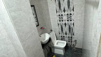 Shower, bidet, soap, toilet paper