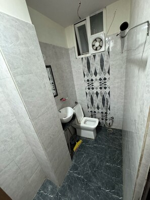 Shower, bidet, soap, toilet paper