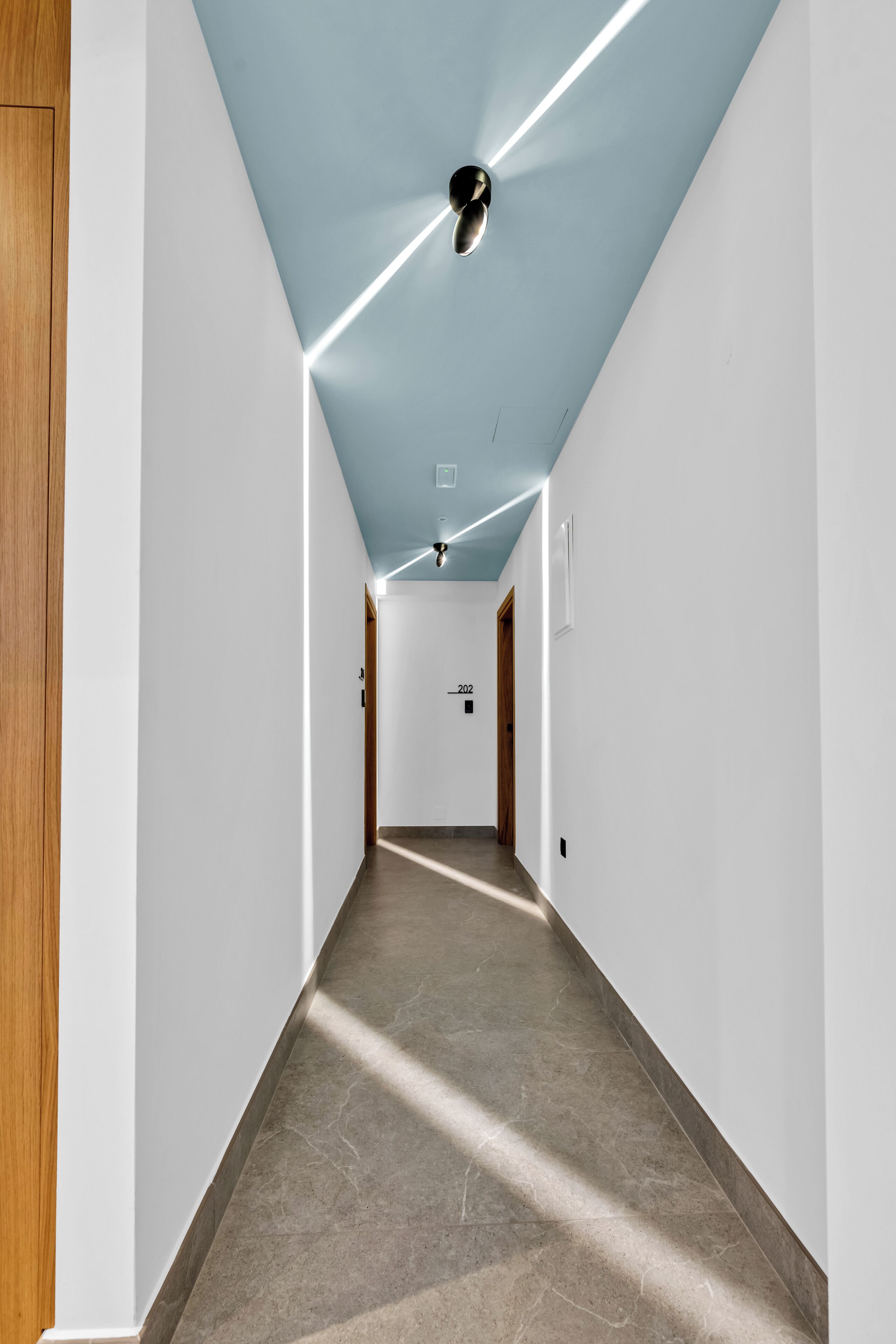 A modern hallway with a light blue ceiling, a wooden door on the left, and a number '202' on the wall.