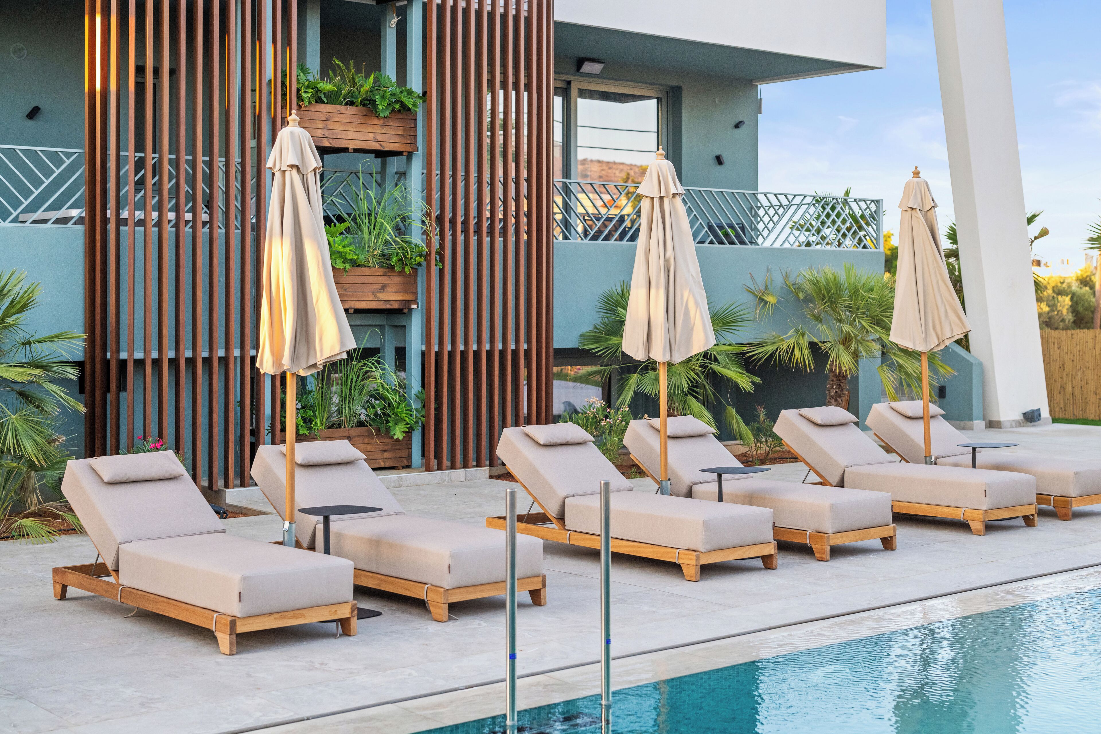 Zona junto a la piscina con sillones de descanso y sombrillas, una valla de madera y plantas en macetas.