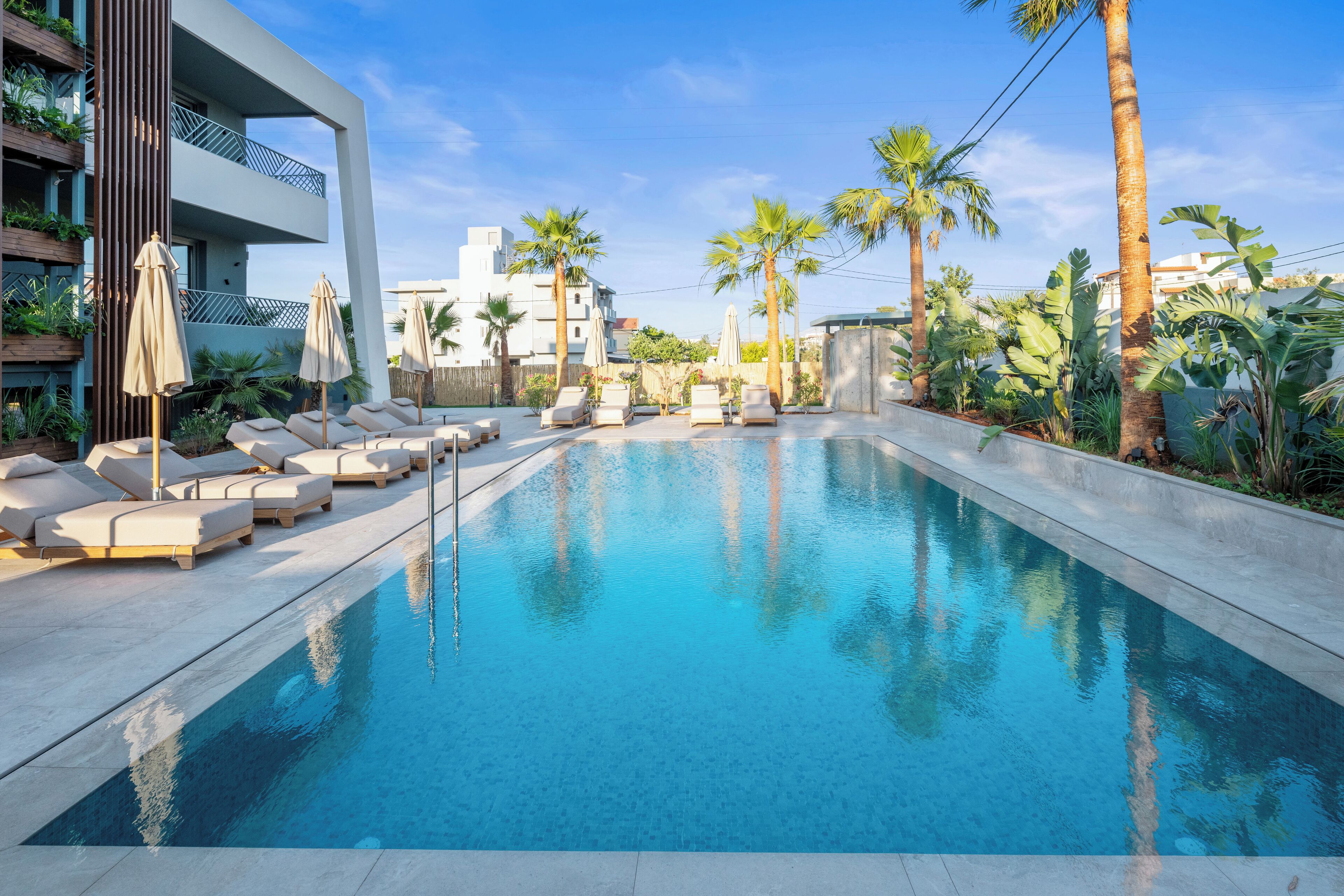 A swimming pool with lounge chairs and palm trees.