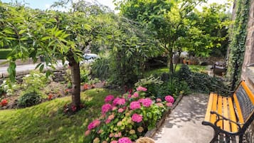 Un jardín con un banco, un muro de piedra y diversas plantas.
