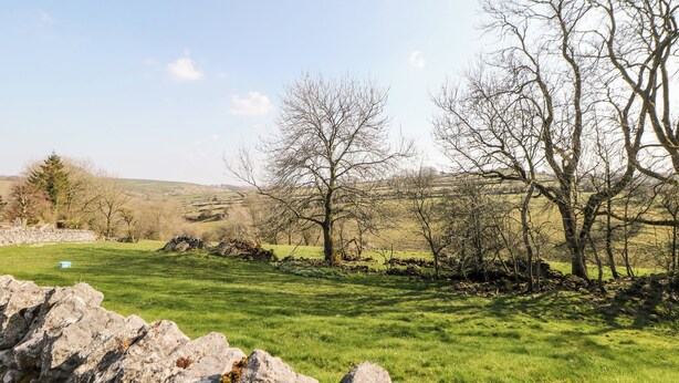 A rural landscape with a stone wall in the foreground, a grassy field, and leafless trees in the background. - Cherry Tree Cottage (Bakewell)