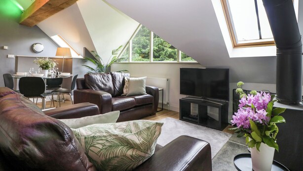 A modern loft apartment with a dining area, a sofa set, a fireplace, and a large window offering a view of greenery. - The Coach House (Ludlow)