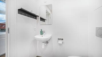 A modern bathroom with a white sink, mirror, and towel dispenser.