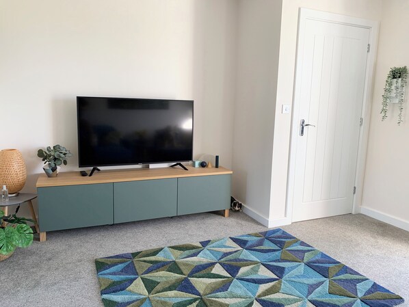 A living room with a flat-screen TV on a wooden console, a patterned rug, and a door with a plant on the wall. - 2 Boathouse Terrace (Wadebridge)