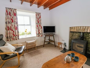 Ein gemütliches Wohnzimmer mit Kamin, Fernseher, Tisch mit Tassen und Wasserkocher, Korbstuhl und einer Couch.