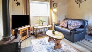 A cozy living room with a television, leather sofa, wooden coffee table, and a potted plant.
