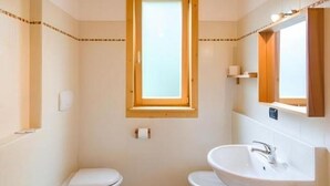 A small, bright bathroom with a skylight, a toilet, and a sink. - Agriturismo Prisma: Double Room with Private Bathroom (Villa Vergano)