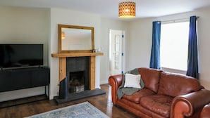 A living room with a fireplace, a television, a leather sofa, and a patterned rug. - Glebe Farmhouse (Killarney)