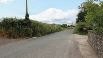 A rural road with a stone wall on one side and vegetation on the other.