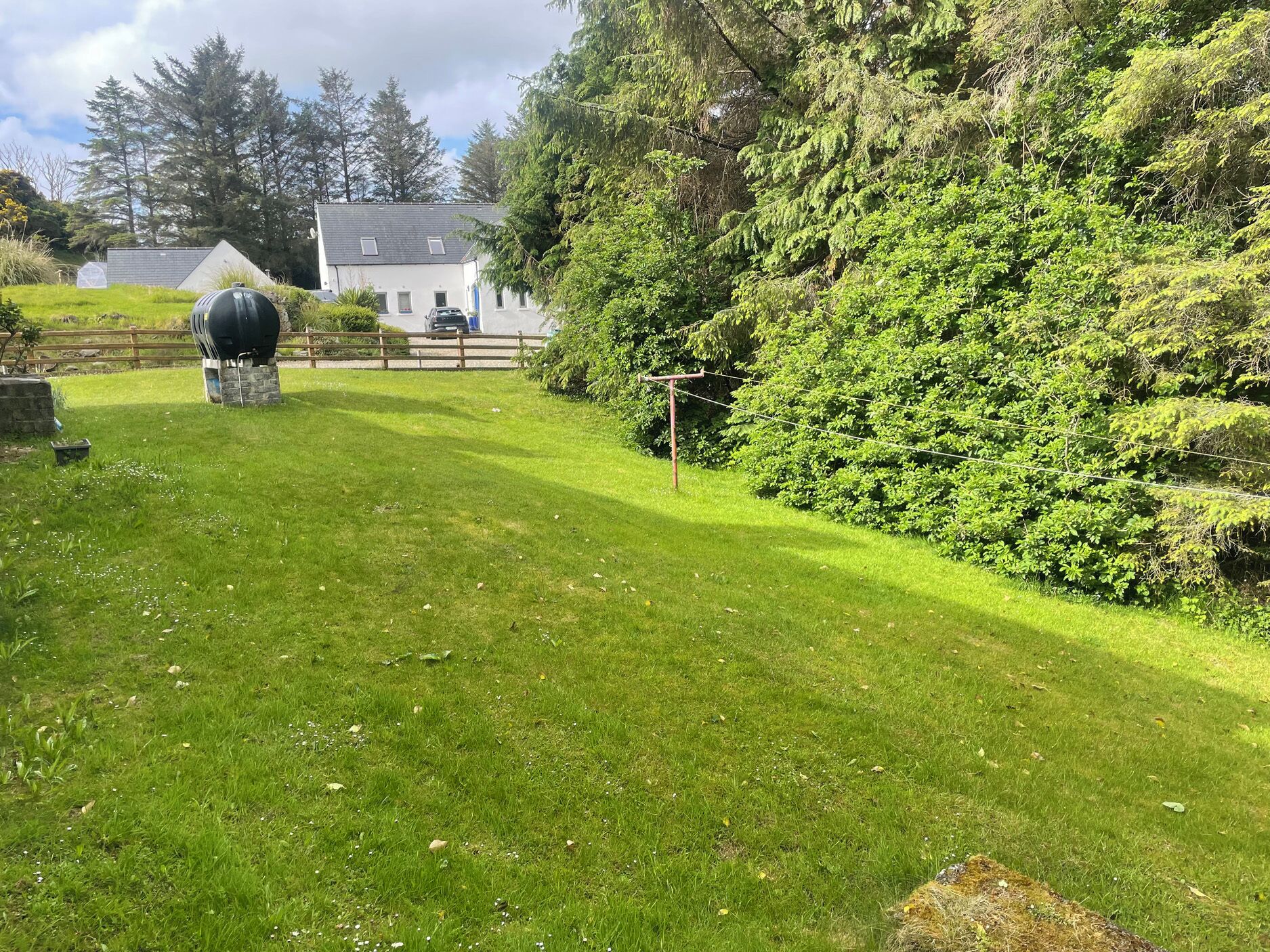 A grassy yard with a barbecue grill, a wooden fence, and a house in the background.