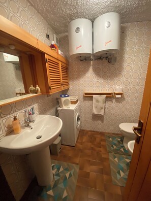 Secador de pelo, bidet, toallas, papel higiénico