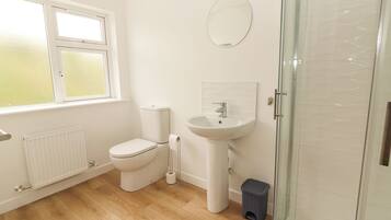 A modern bathroom with a toilet, sink, and glass shower enclosure.