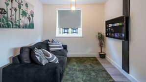 A modern living room with a dark grey sofa, striped pillows, a green textured rug, a potted plant, and a mounted TV displaying streaming services.