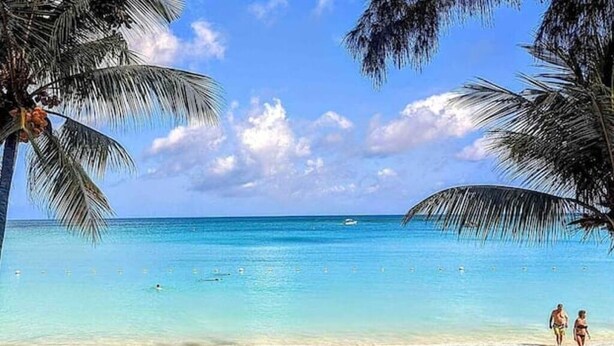 A beach with clear turquoise water, palm trees, and a few people walking.