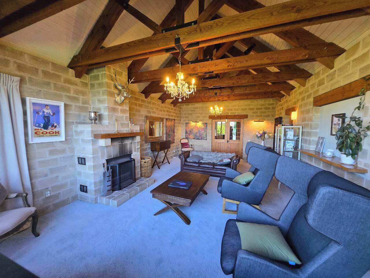 TV, fireplace, books