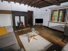 Una sala de estar con chimenea, televisor y sofá.
