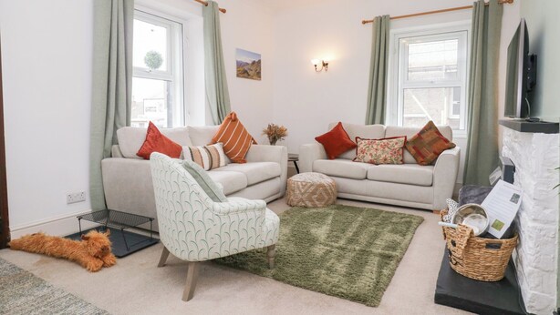 A modern living room with two sofas, a patterned armchair, a green rug, and a fireplace. - 3 Nixon Terrace (Maryport)
