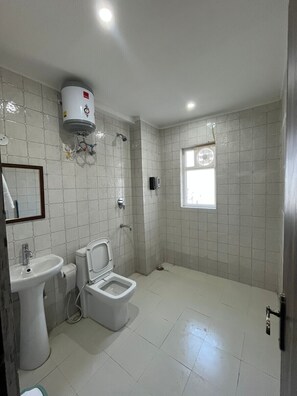 Douche, baignoire Ă jets, bidet, serviettes fournies