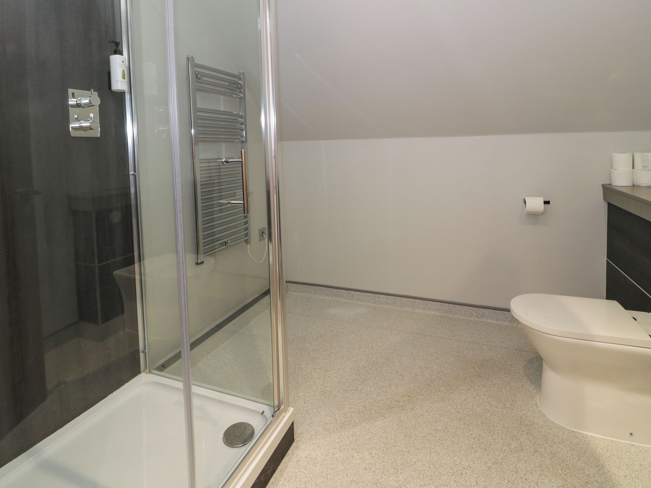 Une salle de bain moderne avec une douche à parois de verre, des toilettes et un lavabo.